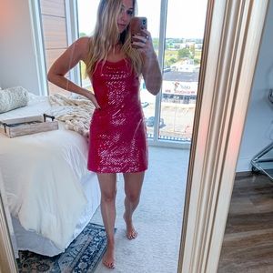 LIKELY Magenta Sequin Cowl Neck Dress